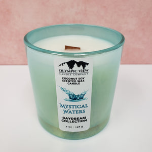 Mystical Waters wooden wicked candle in a Mermaid teal jar. Hand poured by Olympic View Candle.