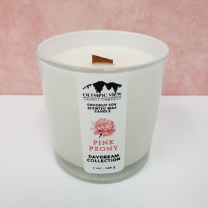 Pink Peony coconut soy candle in milk white jar.