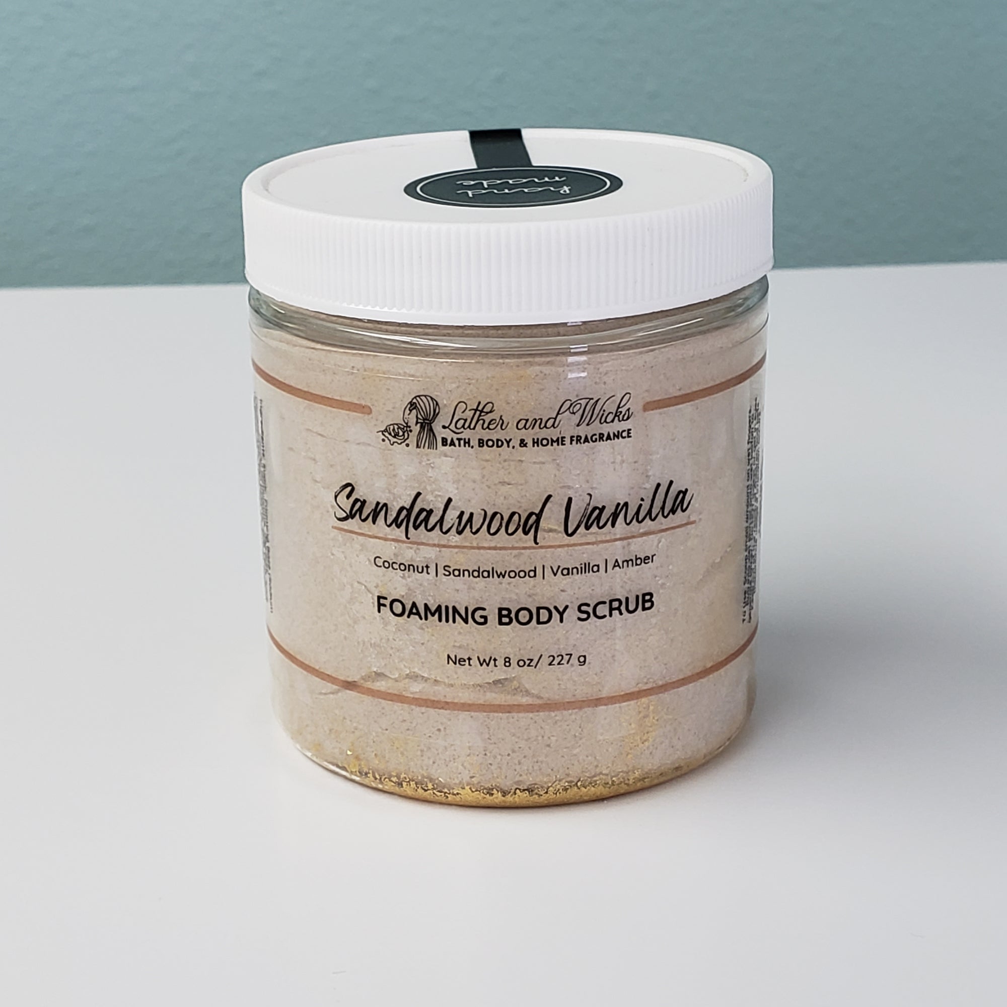 Sandalwood Vanilla Foaming Body Scrub 8 oz jar Lather and Wicks